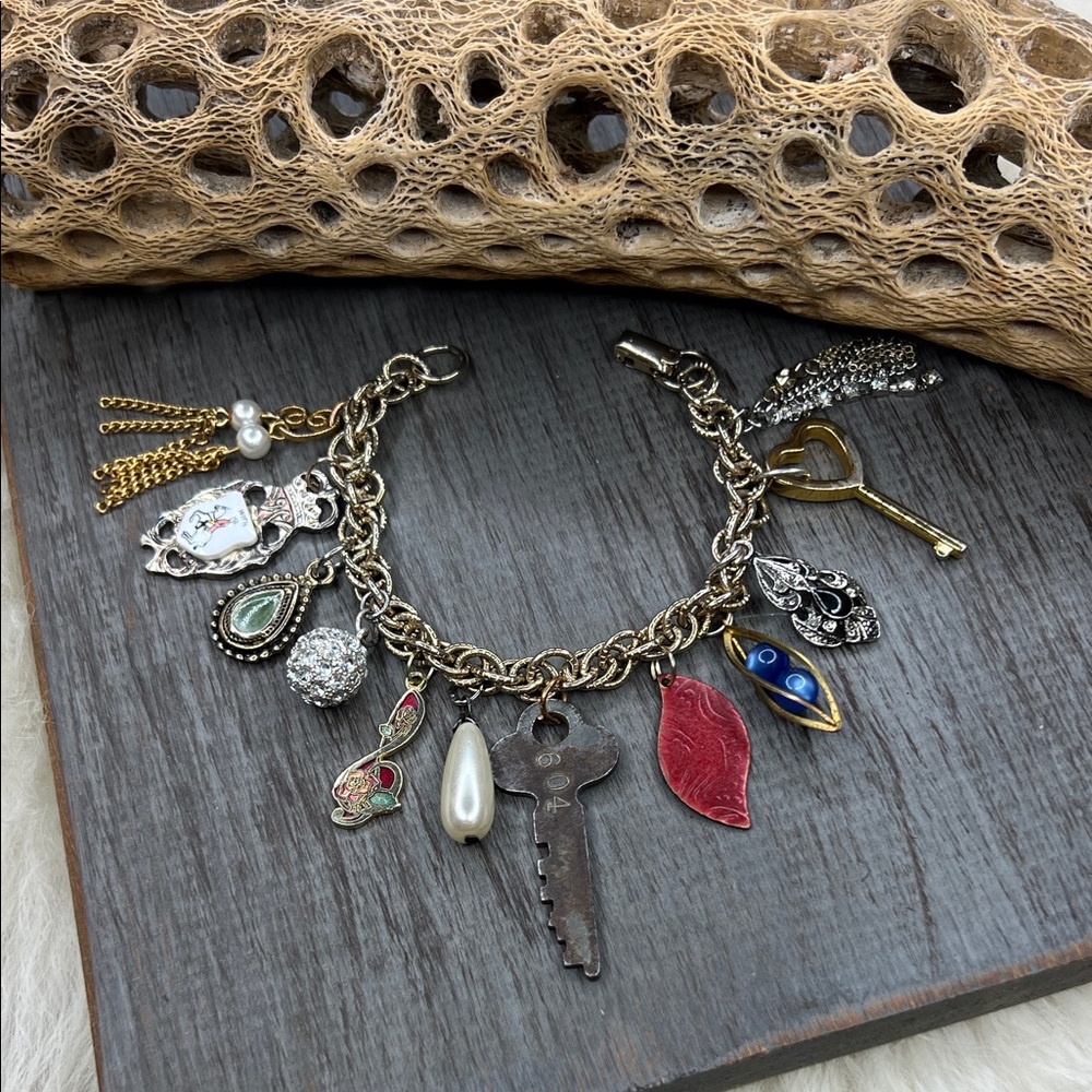 Handmade vtg and new charm Gold tone Multi-Color Charm Bracelet